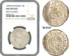 AJ960, Hungary, Leopold I, 15 Krajczar 1687 KB, Kremnitz Mint, NGC UNC Det