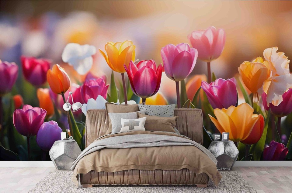 3D Tulip Pink Yellow Floral Wallpaper Wall Murals Removable Wallpaper