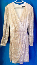 Lane Bryant Dressy Silver Sequin Sparkle Sheer Overlay, Front Slit-Flap Dress-18