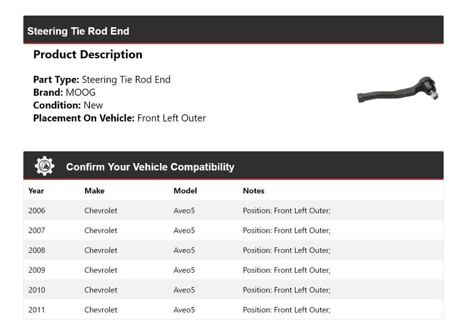 Extremo de barra de dirección exterior delantero izquierdo MOOG 2006-2011 Chevrolet Aveo5 Foto 2 de 4