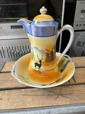 Vintage Lusterware Hot Chocolate/Coffee/ Tea Pot & Bowl Set Deer Cabin Japan
