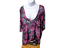 Elle Womens Sheer Floral Short Sleeve Purple & Black Blouse Sz XL