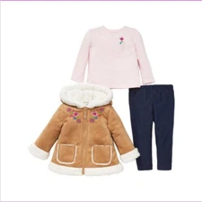 LITTLE ME 3 Piece Set Girls - Hooded Faux Shearling Jacket Shirt Pants -18M- NWT
