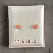 14k Gold Pink Heart Stud Earrings Unisex Kids Pink Gold Lobe Jewelry