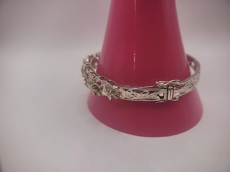 Pulsera vintage de plata de ley 925 flores de plumeria circonita cúbica doble cierre de seguridad Foto 3 de 4