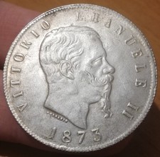 V.E.II - 5 LIRE 1873 - REGNO D'ITALIA - RICONIO - BUONA QUALITÀ - SCUDO
