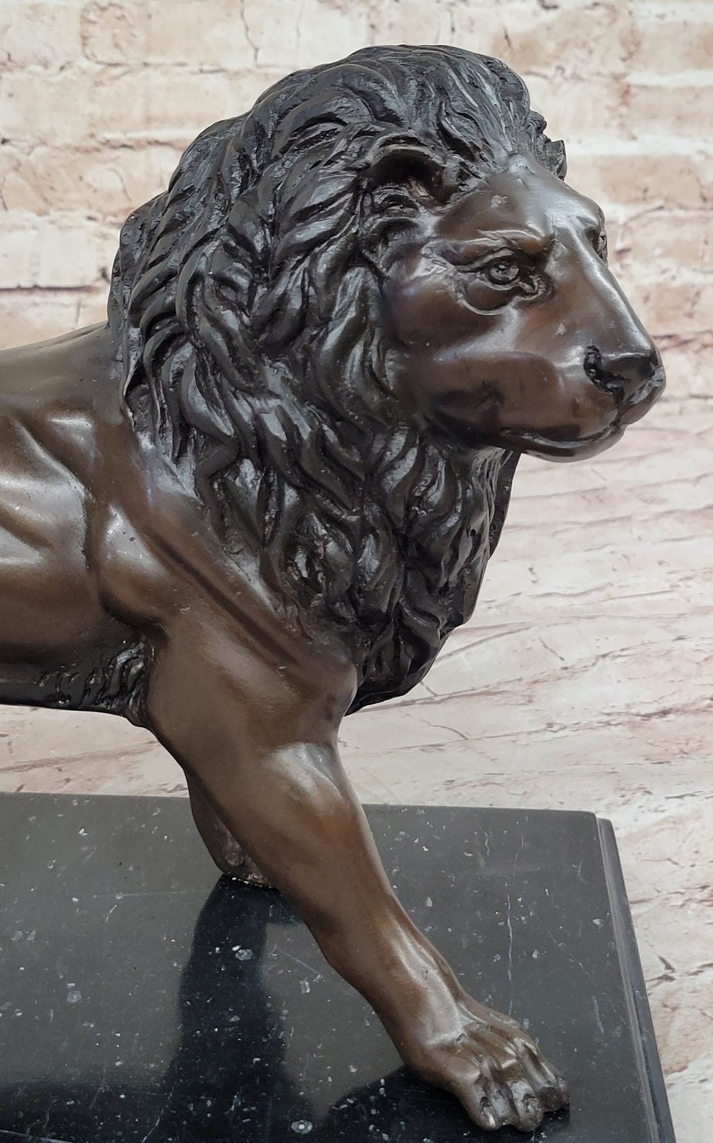 Real Bronze Metal Statue on Marble Base Male Lion Sculpture Art Deco Figurine