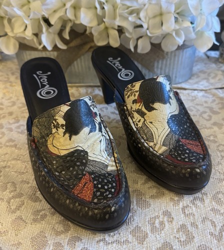 Icon Mules A. Marinelli Asian Couple Art Shoes Multicolor Leather Women Sz 9.5M