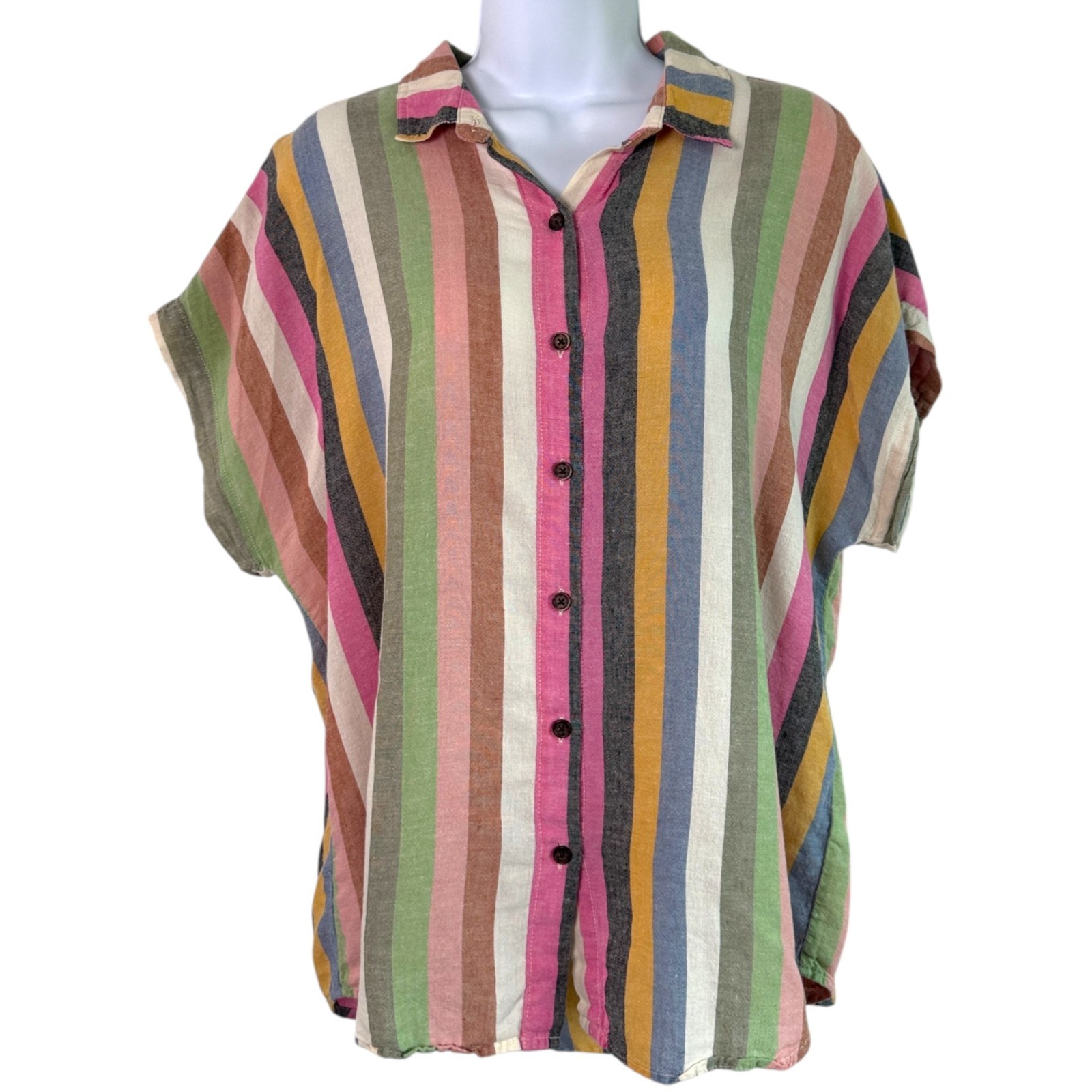 Marine Layer Womens Dana Linen Blend Button Up Top Striped Sz L Coastal Colorful