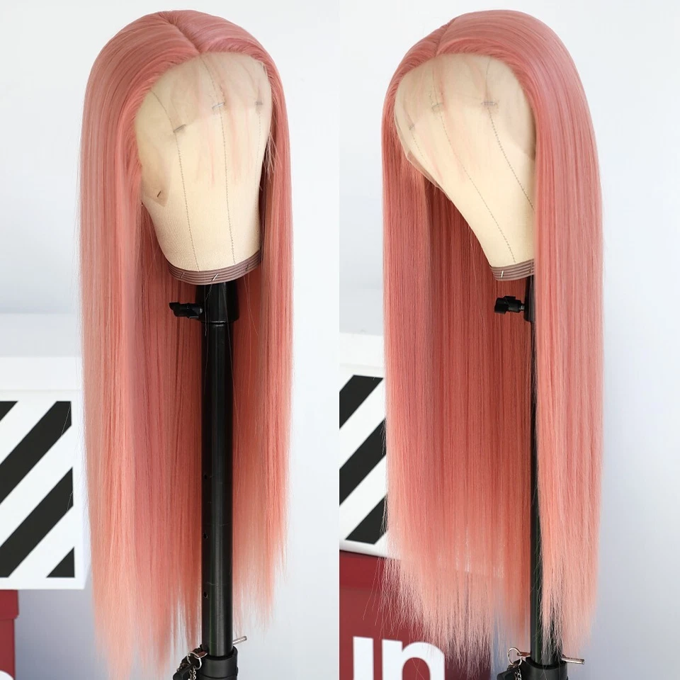 Pelucas delanteras de encaje rosa cabello largo liso resistente al calor sin pegamento pre arrancado suave Foto 3 de 4