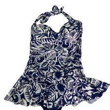 Chaps Ralph Lauren 14 Skirt Dress Blue Ivory White Hibiscus Swimsuit Halter
