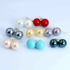 8 Pairs 8/10/12/14mm Round Multicolor South Sea Shell Pearl Silver Stud Earrings