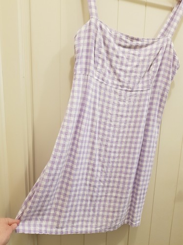 MISS SHOP Square Neck Empire Summer Dress Mauve Gingham Check Size 14-16 - Picture 10 of 15