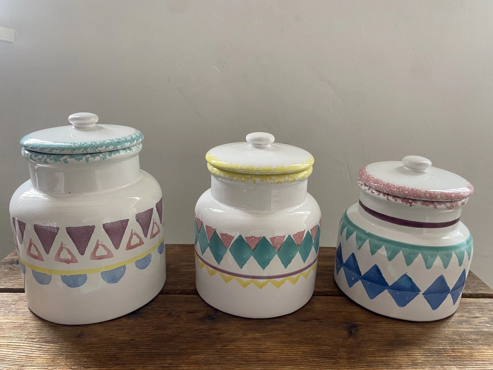 Vintage Ceramic Stoneware Food Storage Canisters Geometric Pastels Italy 770