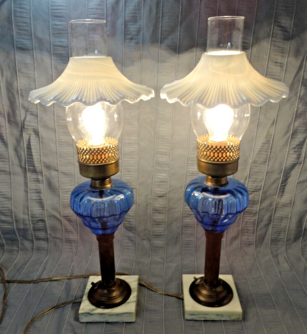 Table Lamp Set of 2 Blue Glass and Brass Antique-image