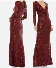 MAC DUGGAL 26574 SEQUINED FAUX WRAP LONG SLEEVE WINE COLUMN GOWN sz 4