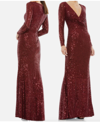 アン MAC DUGGAL 26574 SEQUINED FAUX WRAP LONG SLEEVE WINE COLUMN GOWN