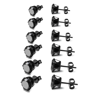 Mens Women Stainless Steel Black Round Cubic Zirconia Ear Studs Earrings 3mm-8mm