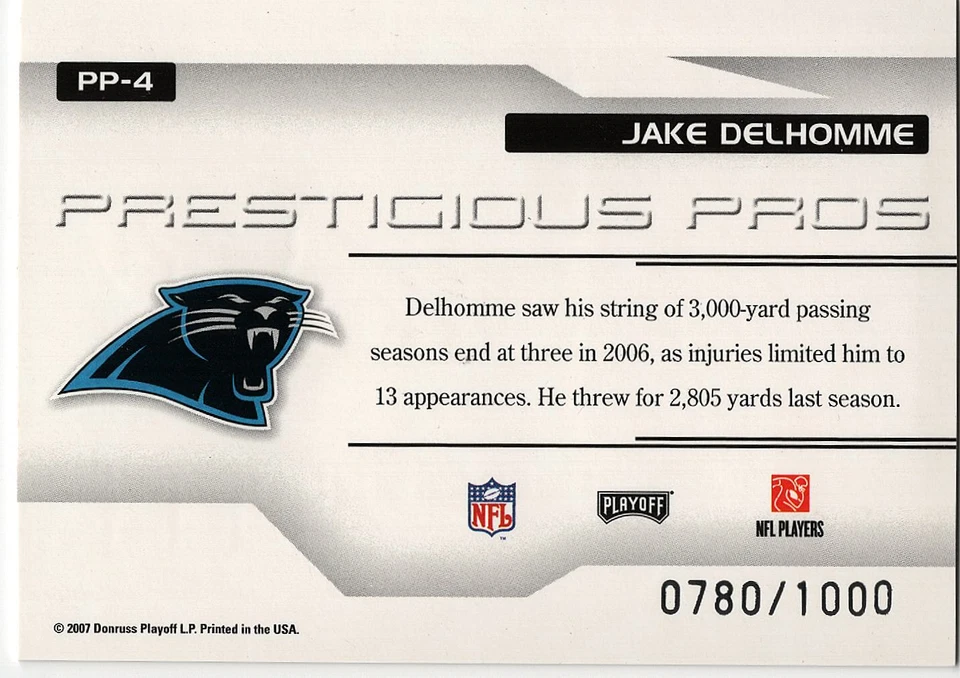 2007 Playoff Prestige Jake Delhomme #PP-4 SN1000 Carolina Panthers - Image 2 of 2
