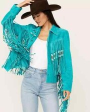 Women  s Turquoise Suede Fringe Jacket  Western Cowgirl Beaded Rodeo Coat