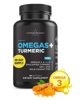 Livingood Daily Omega 3 6 9 Plus Turmeric Curcumin - Omega 3 Supplement EPA &...