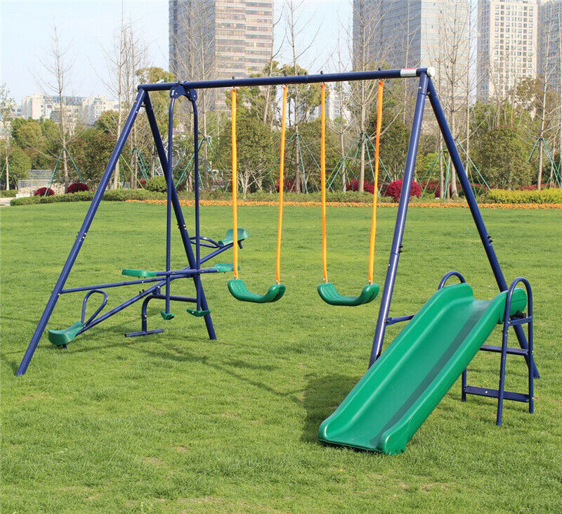 Metal Playground Swing Set Outdoor Kids Backyard Play w/Slide, Glider