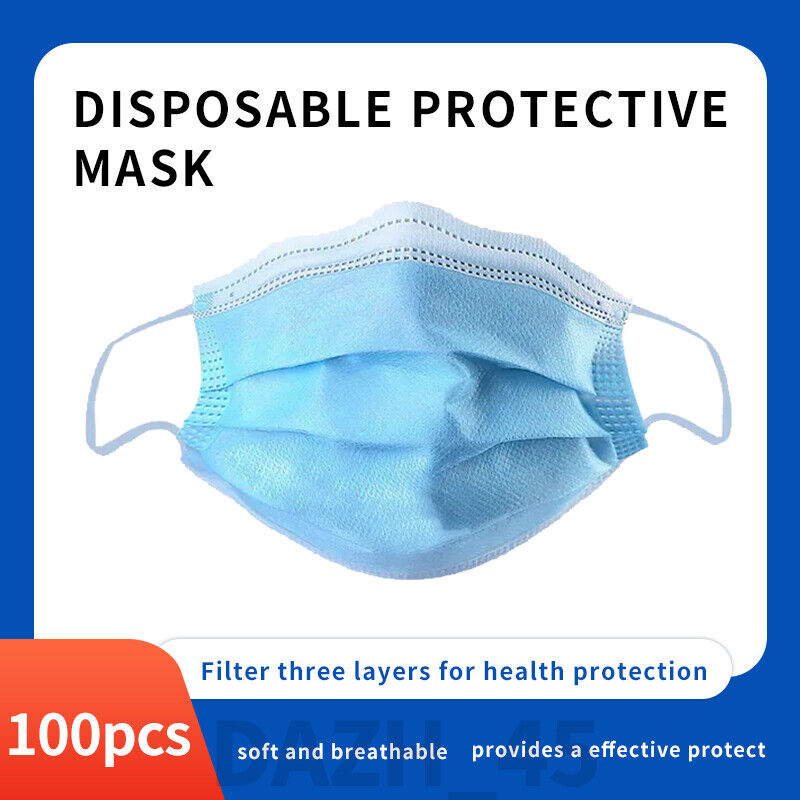 100 Pcs Masks Disposable and Breathable 3-Layer Blue Face Masks for Adults