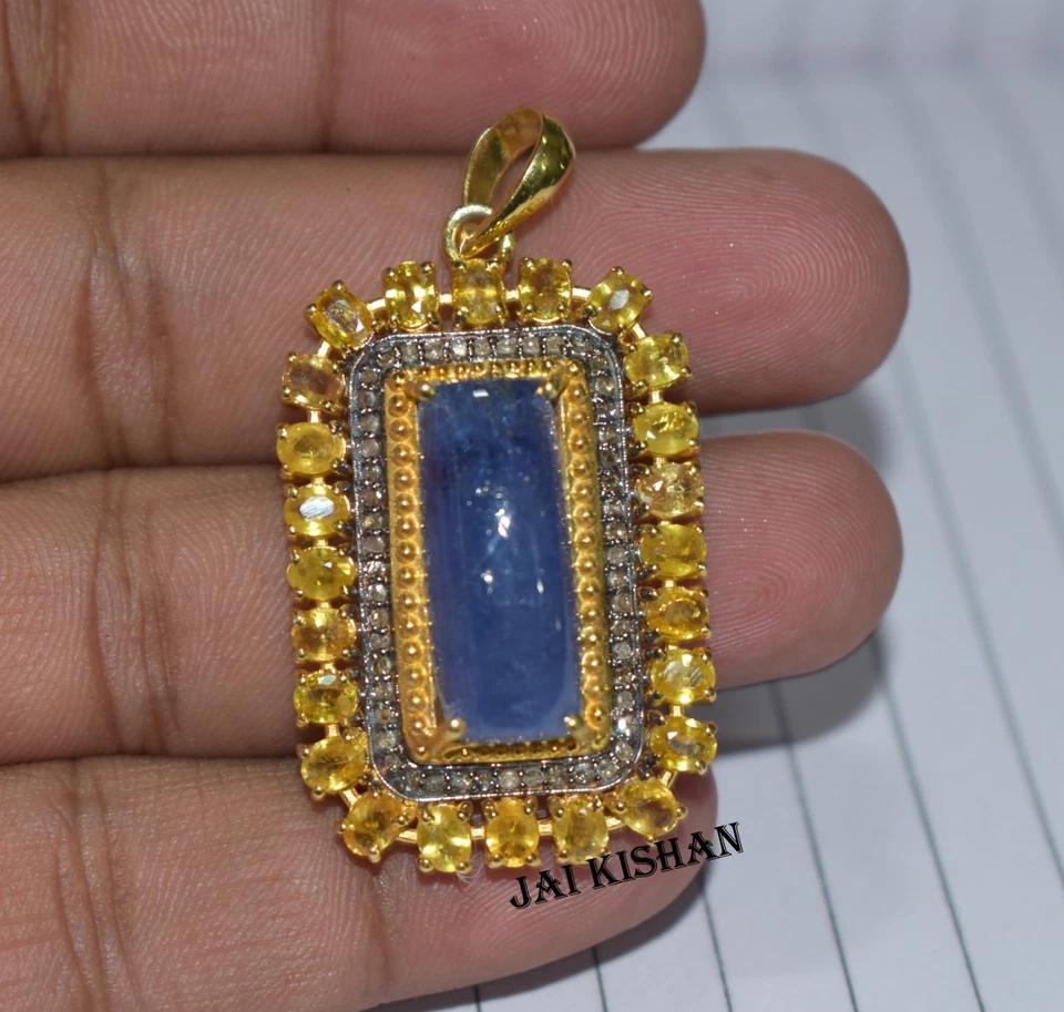 Vero Tanzanite Giallo Zaffiro Gemma 925 Argento Sterling Pavè Diamante Ciondolo - Immagine 3 di 4
