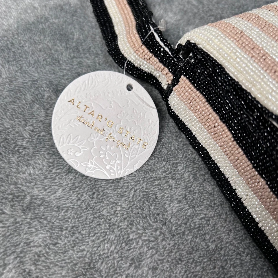 Bolso de Hombro Altar'd State con Cuentas Negro Beige Rayas Boho Hecho a Mano Cartera Nuevo con Etiquetas Foto 4 de 4