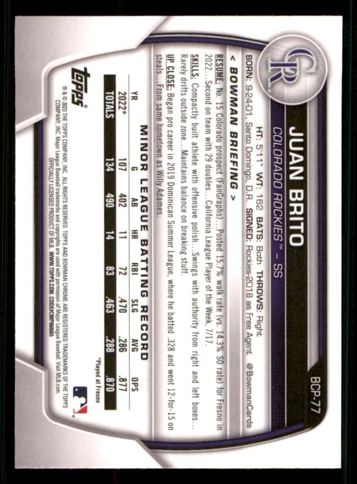 2023 Bowman Chrome Prospects #BCP77 Juan Brito - Image 2 of 2