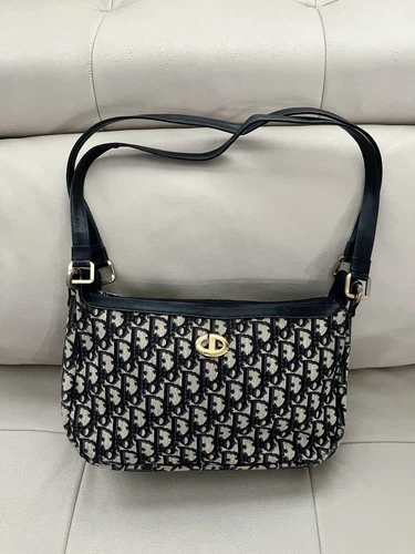 Authentique sac bandoulière Christian Dior trotteur toile bleu marine cuir doré
