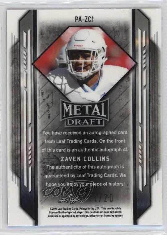 2021 Leaf Metal Draft Portrait Pink Rainbow /20 Zaven Collins Rookie Auto RC - Image 2 of 2