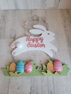 Wooden hanging happy Easter white bunny egg grass Spring home decor