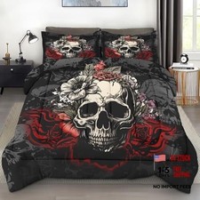 Skull Comforter Set Size, Rose Vintage 3 Pcs Soft Bedding Queen Skull and Rose
