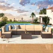 7 PCS Outdoor Patio Furniture Set, PE Rattan Wicker Sofa Set w/ Coffee Table