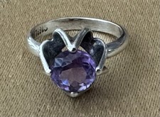 Signed 925 Sterling Silver Purple Amethyst Rare Prong Leaf Setting Size 5 Ring