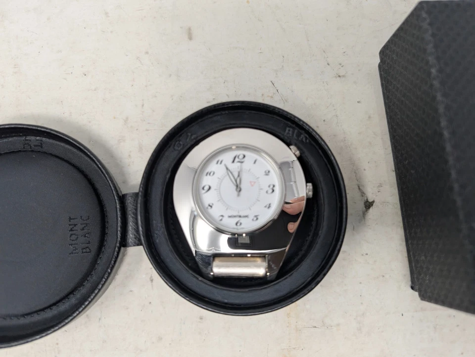 Reloj despertador de viaje Montblanc con estuche de cuero y caja (G2) Foto 2 de 4