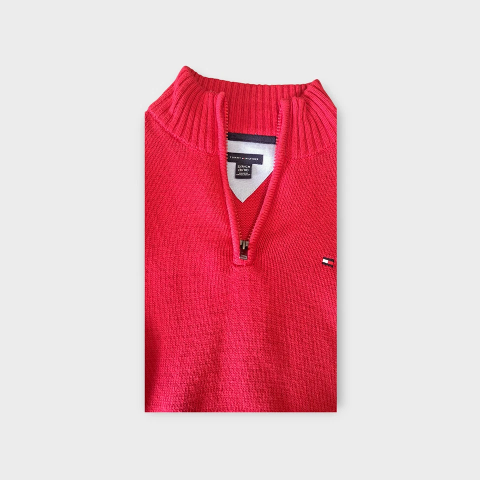 Pulôver de malha Tommy Hilfiger infantil 1/4 zíper vermelho tamanho 8/10 - Imagem 3 de 4