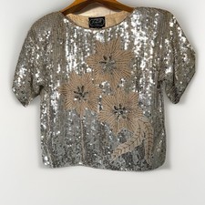 Vintage NWT JLB 80s 90s Silver Sequin Silk Beaded Disco Flapper Blouse Top - L