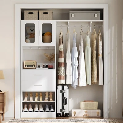HOMIEASY 60'' W Walk-in Closet Organizer System with Door Storage Cabinet and Wood Drawer