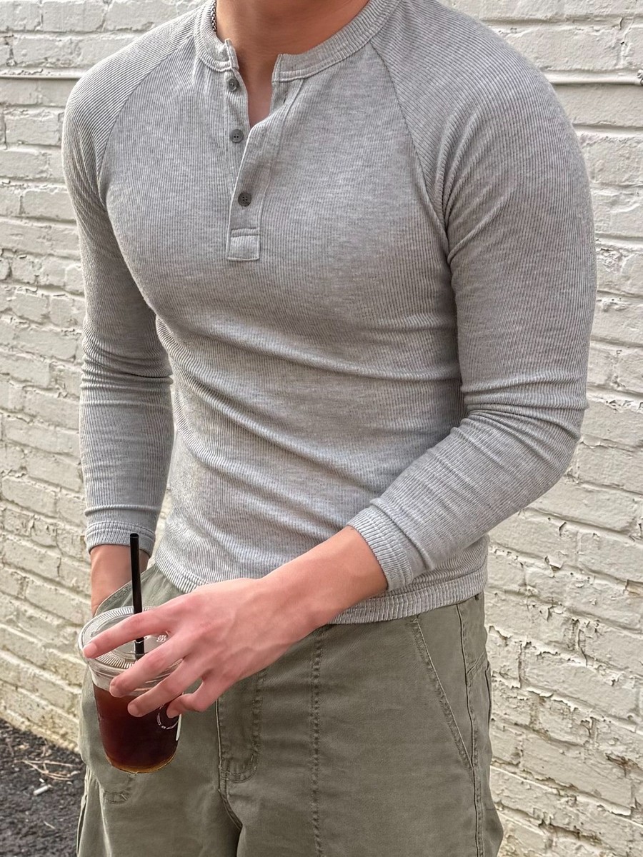 Men Muscle-Fit Ribbed Henley Shirt Slim Fit Black Gray Charcoal