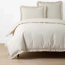 Solid Ruffle Garment Washed Cotton Percale Duvet Cover - Buff, Full or Queen