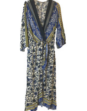 Women's Summer Midi Dress Cotton Boho Blue White Yellow Flowers Siz L READ