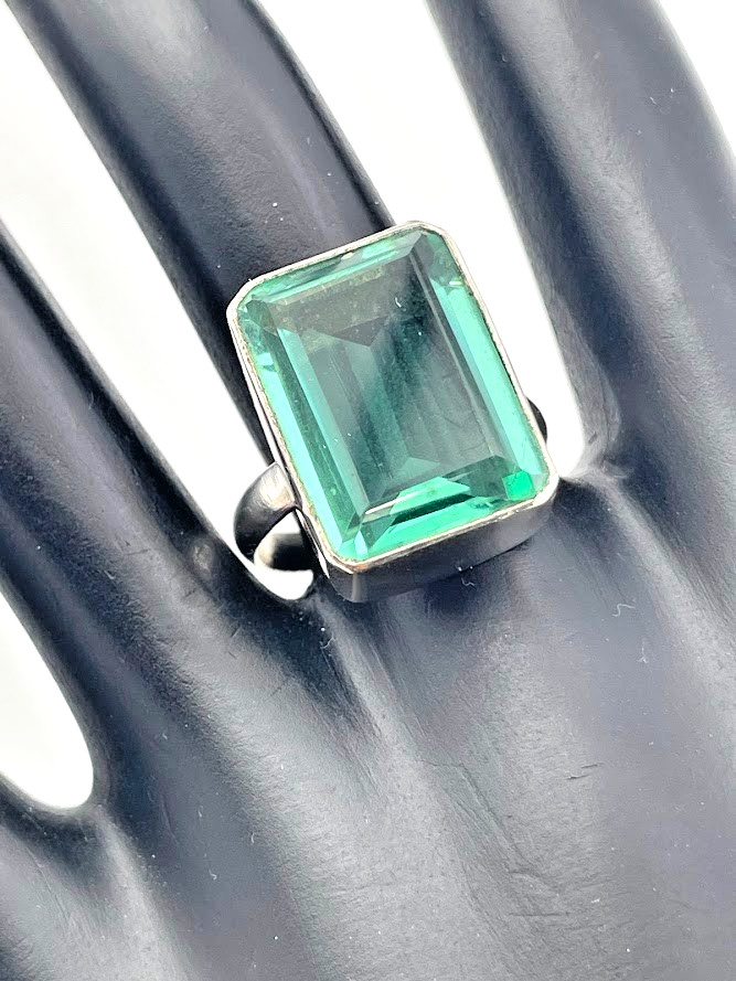 925 Sterling Silver Chunky Aqua Blue Rectangle Solitaire Ring Size 8.5 2235