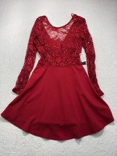 Jodi Kristopher Dress Juniors 3/4 Red Lace Sequin Fit & Flare Long Sleeve Party