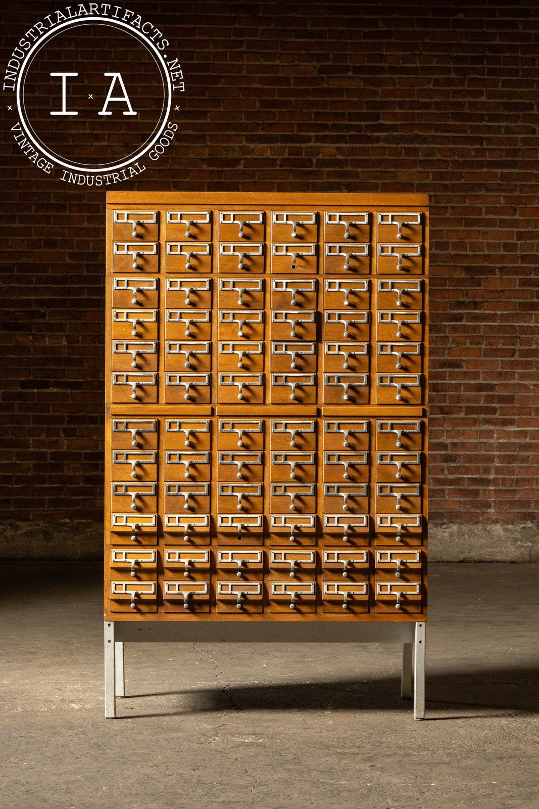 Massive Vintage 72-Drawer Oak Library Card Catalog on Steel Base