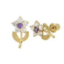 Baby Earrings Solid 14k Yellow Gold Protective infant backs Purple Flower Screw