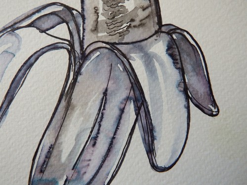 Original pen ink wash fruit drawing of a semi peeled banana - Picture 10 of 12