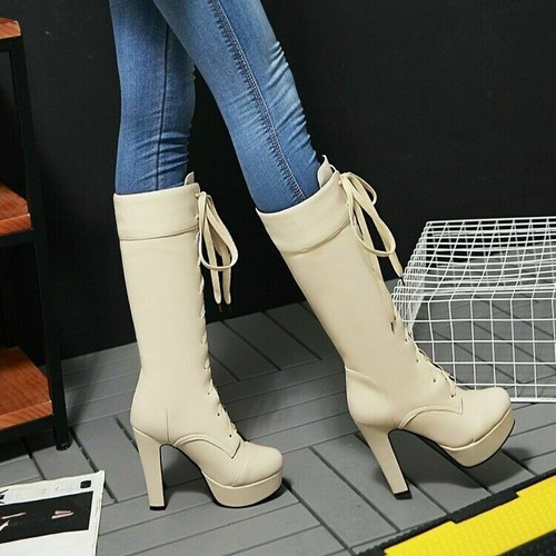 Damen Highheels Blockabsatz Plateau Schnürung Kniehoch Stiefel Pumps Party Sexy - Picture 11 of 12
