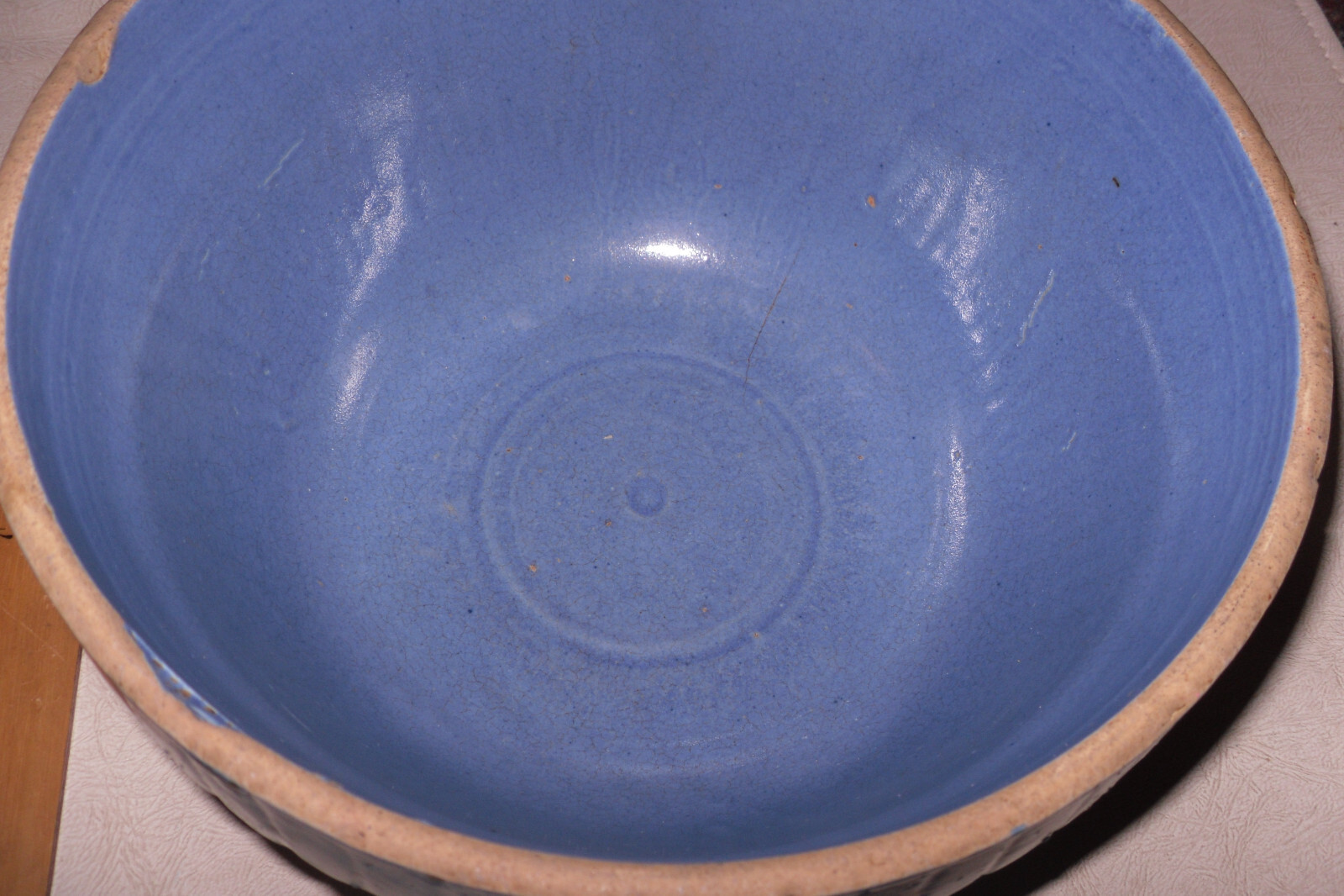 Vtg Antique Clay City Pottery Blue Stoneware Mixing Bowl Picket Fence